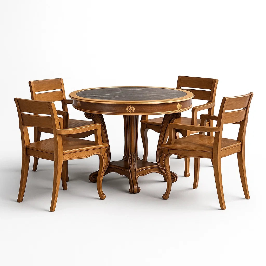 Ensemble table à manger et chaises rondes en bois avec plateau en marbre
