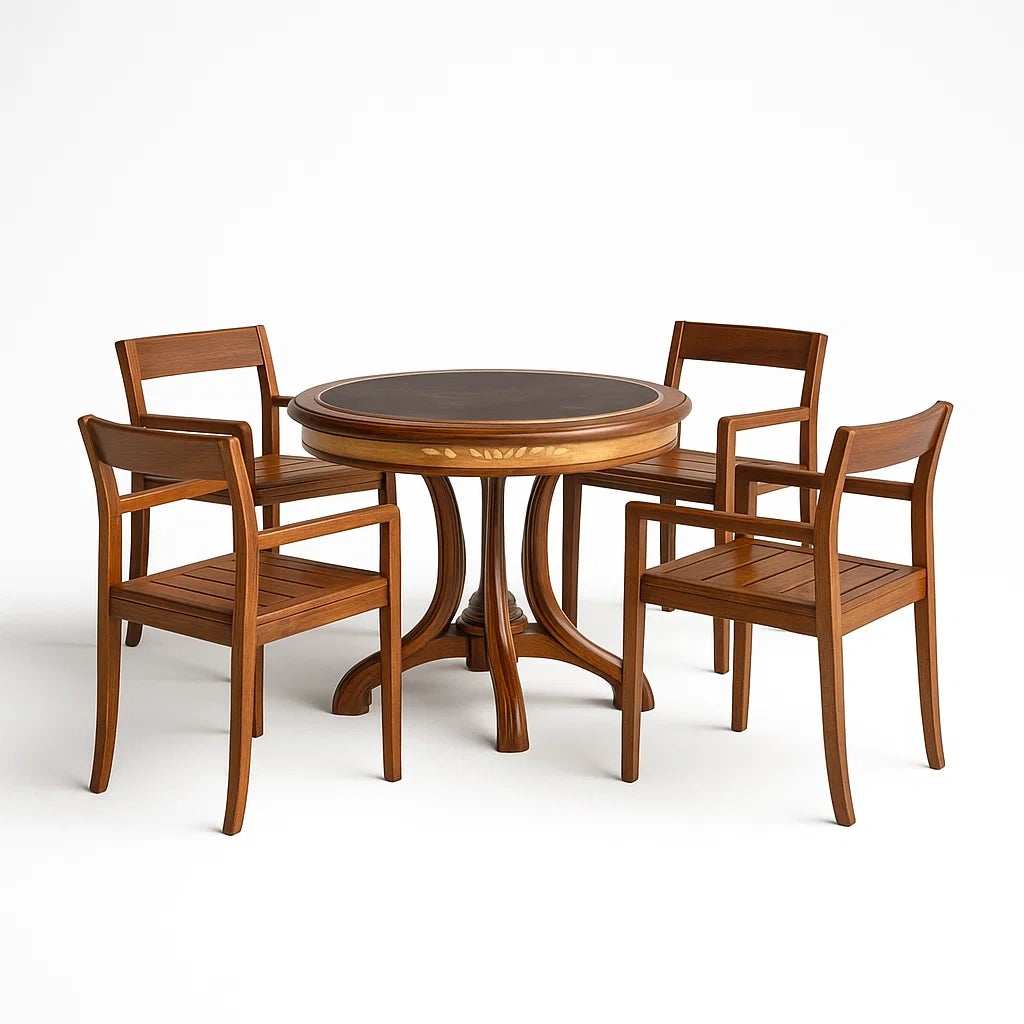 Ensemble table à manger et chaises en bois marron avec table ronde et 4 chaises