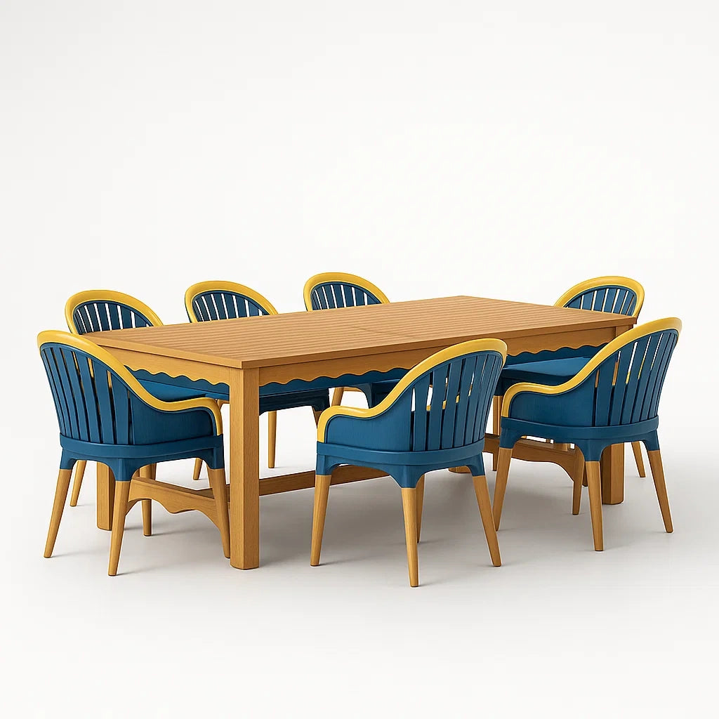 Ensemble table à manger et chaises 7 places avec table rectangulaire en bois et chaises en polypropylène bleu et jaune