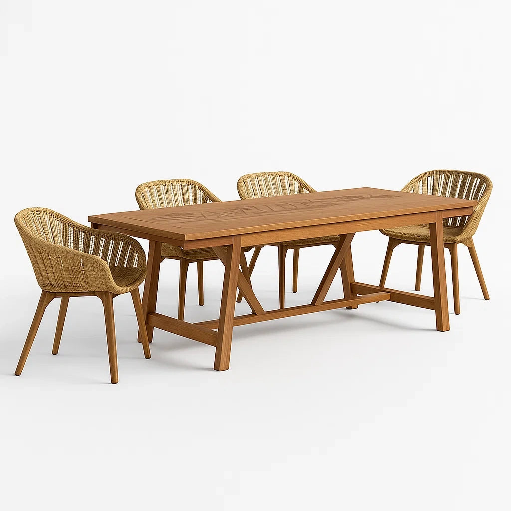 Ensemble table à manger et chaises en bois de teck et rotin