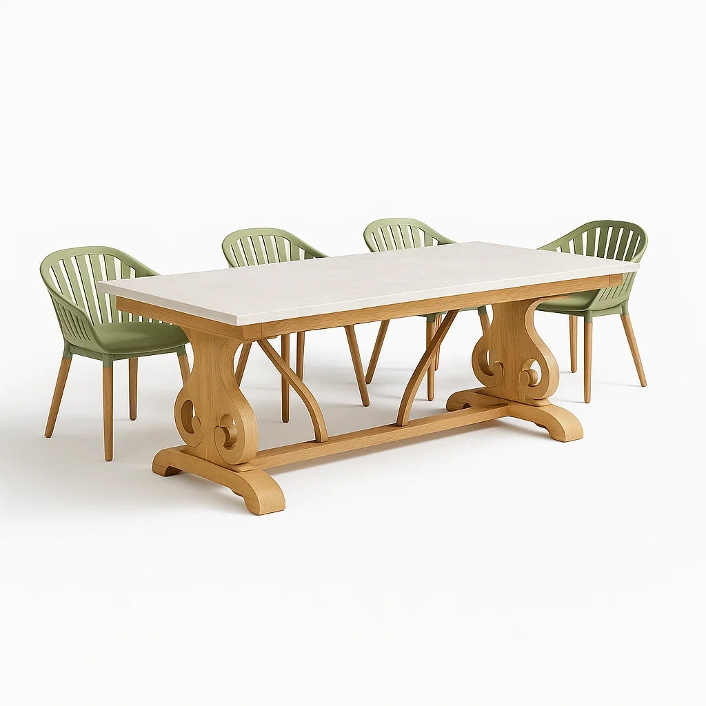 Ensemble table à manger et chaises en bois et marbre avec chaises en polypropylène vert