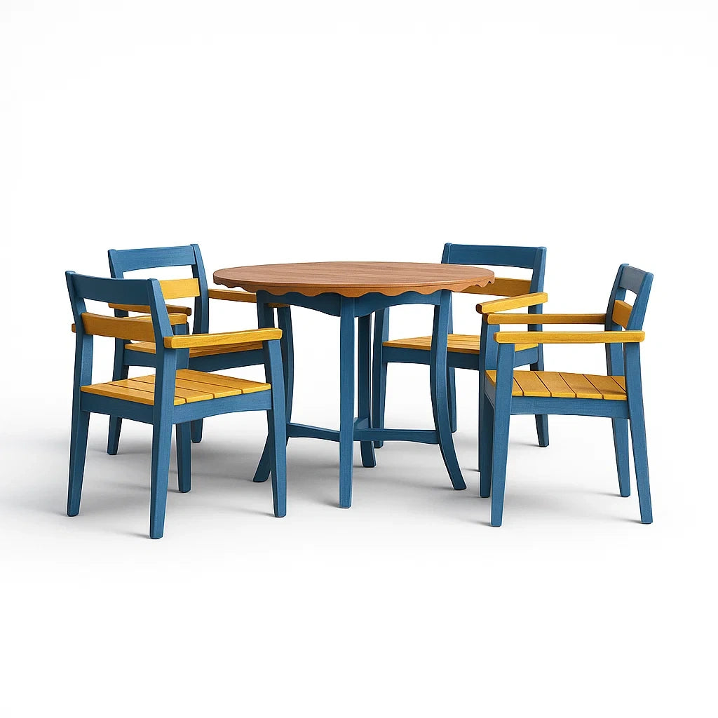 Ensemble table à manger et chaises rondes en bois avec chaises bleu et jaune