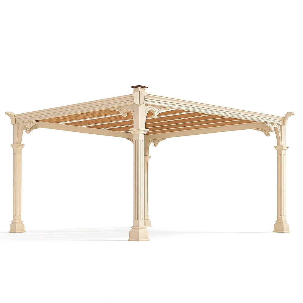 Pergola en aluminium beige avec lattes effet bois