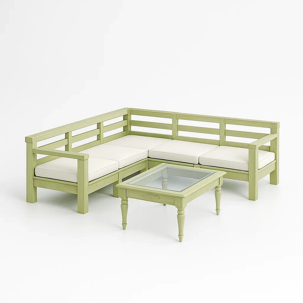 Ensemble de canapé en bois vert avec coussins et table en verre trempé