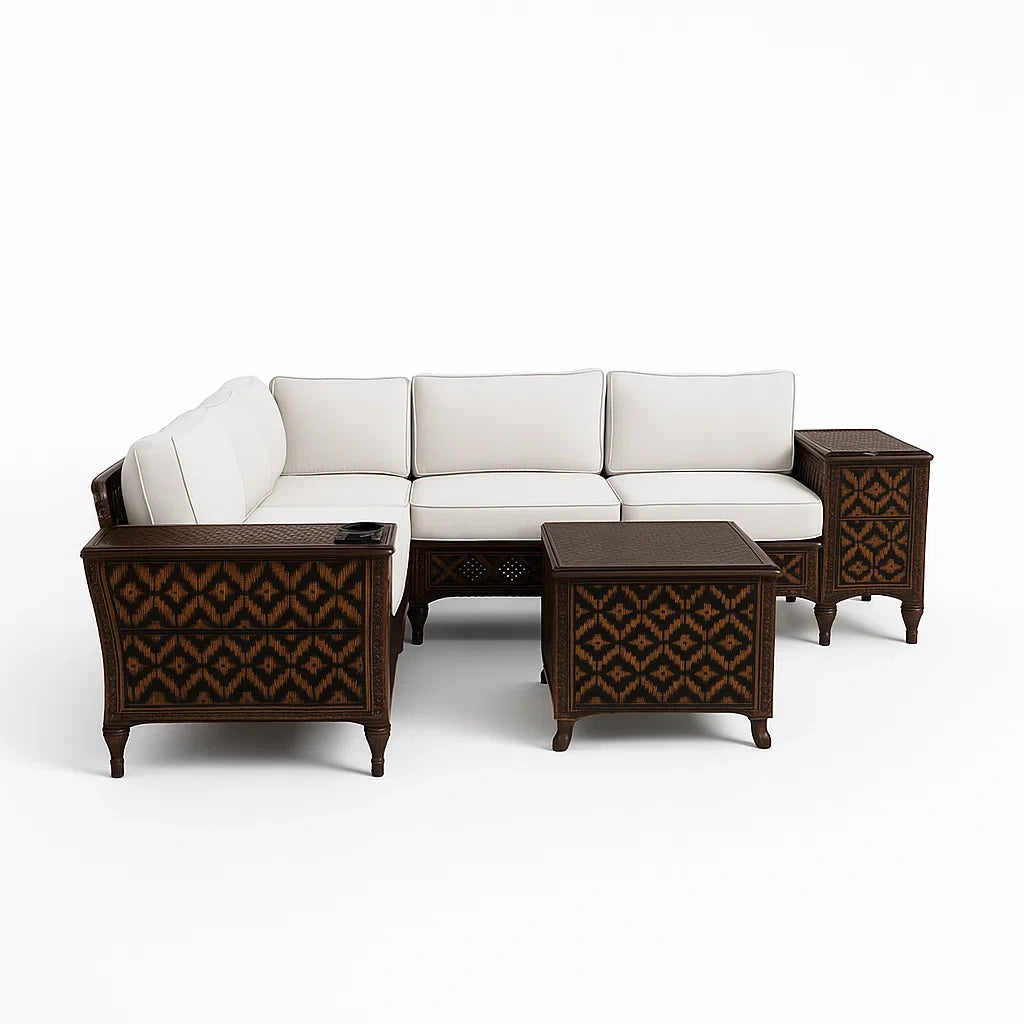 Ensemble de canapé d'angle extérieur en rotin avec coussins blancs