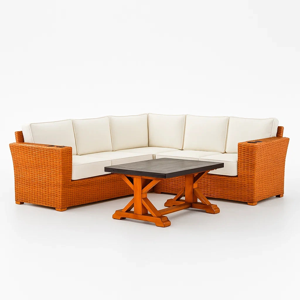 Ensemble de canapé en résine tressée crème marron avec table en bois