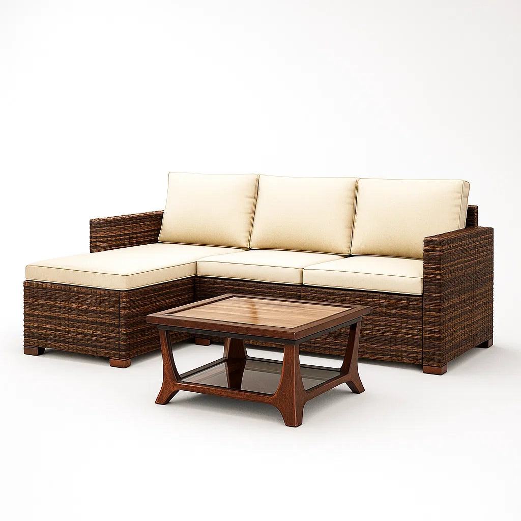 Ensemble de canapé en résine tressée marron avec coussins en tissu beige et table basse en bois