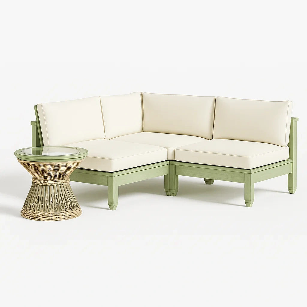 Ensemble de canapé d'angle extérieur en bois avec coussins crème et table en osier et verre