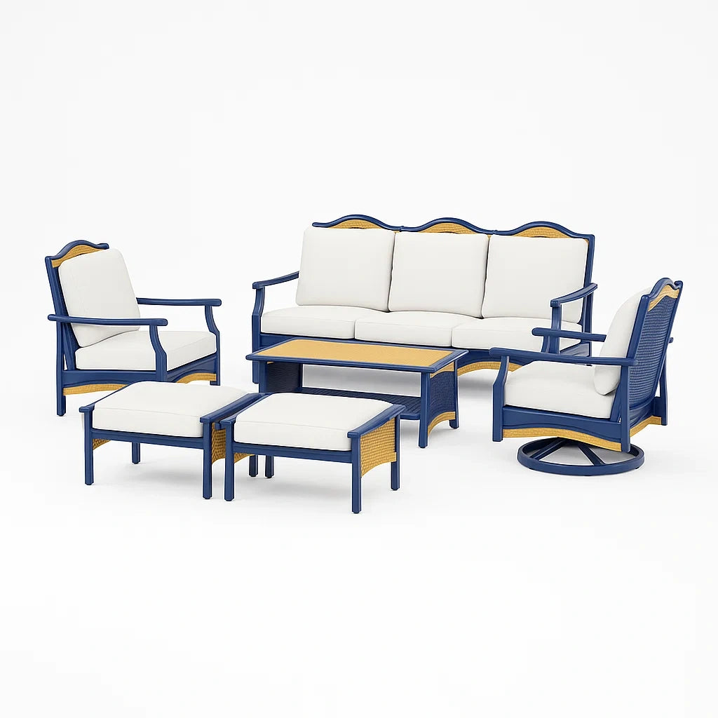 Ensemble de canapé de jardin en bois et métal bleu avec coussins beiges