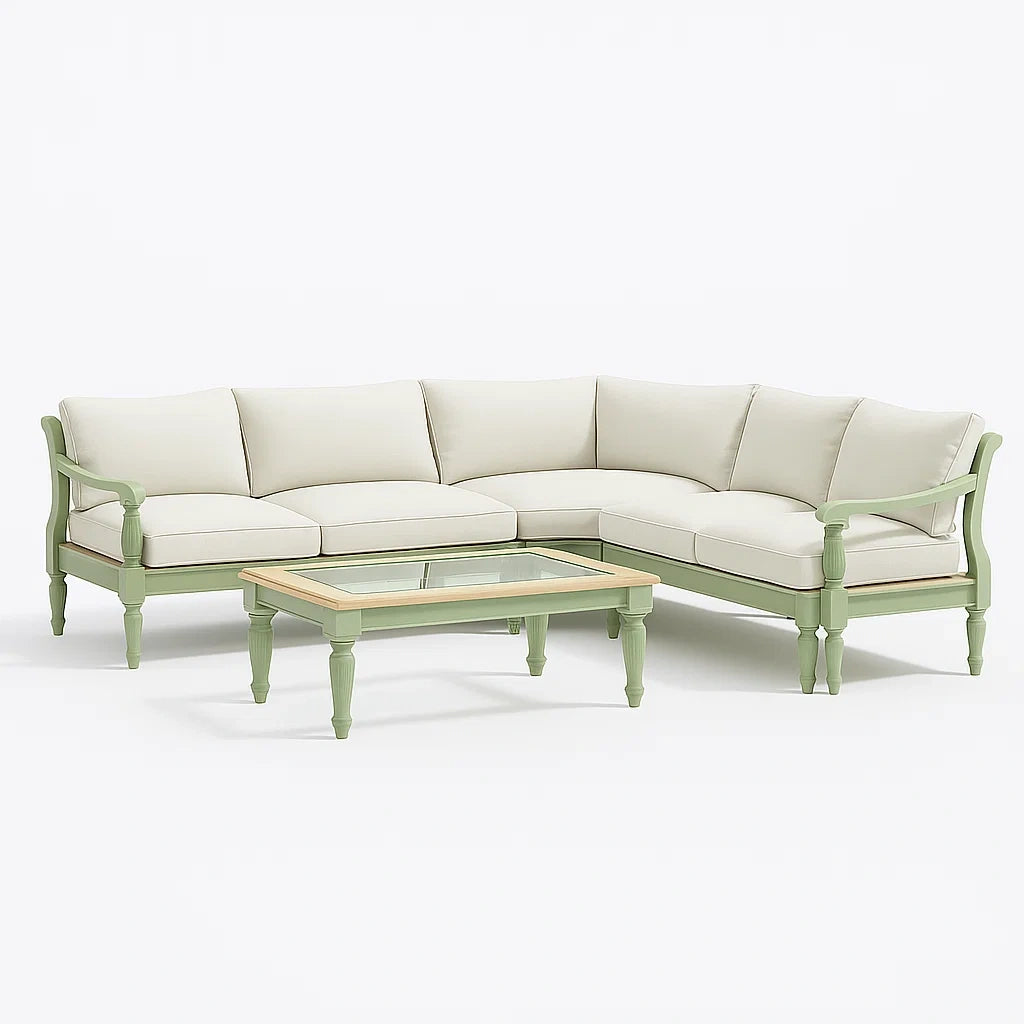 Ensemble de canapé d'angle en bois avec tissu beige et table basse en verre