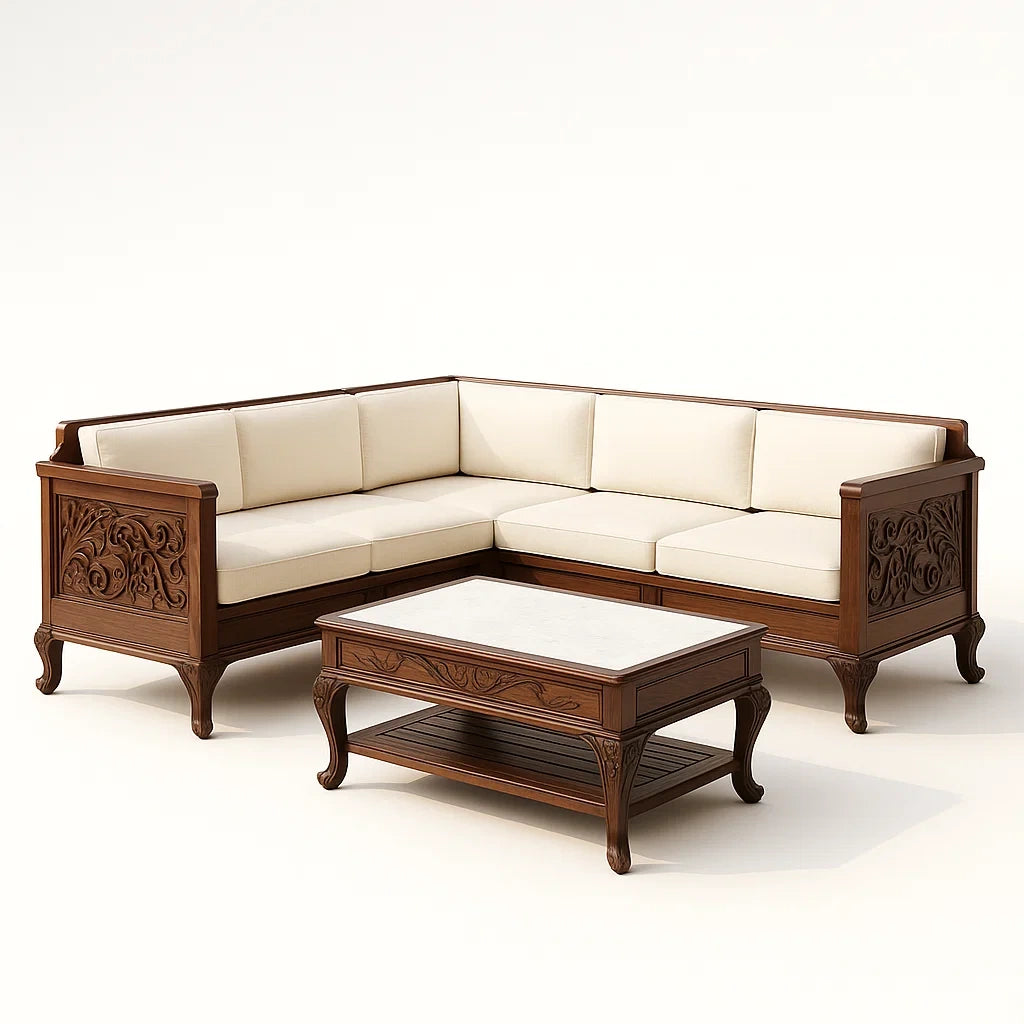 Ensemble de canapé d'angle en bois avec coussins en polyester beige et table basse