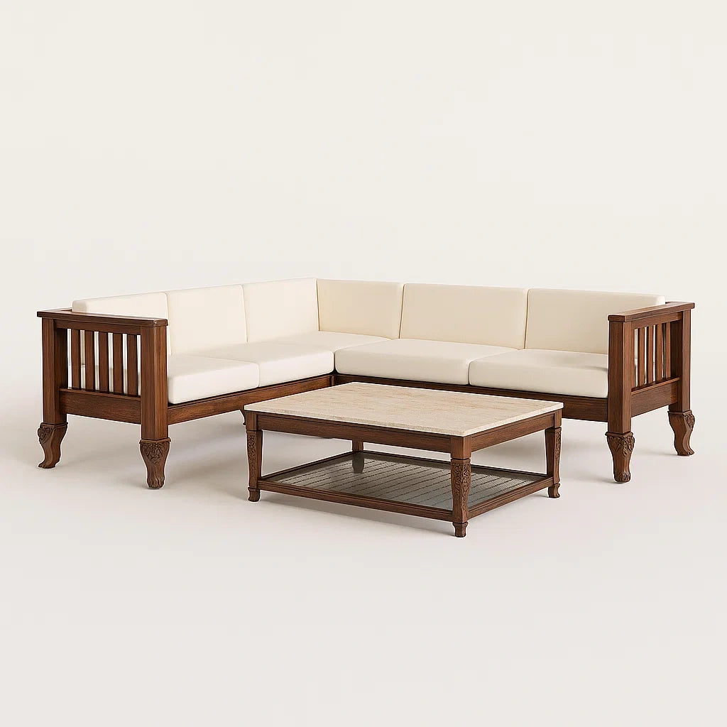 Ensemble de canapé d'angle en bois massif avec coussins crème et table basse en bois