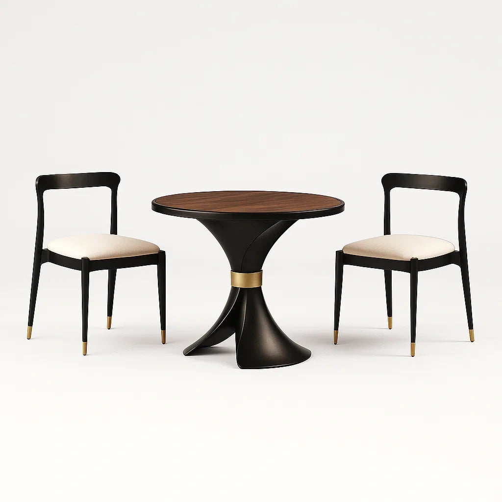 Ensemble bistrot avec table ronde en bois et 2 chaises en métal et tissu noir ou