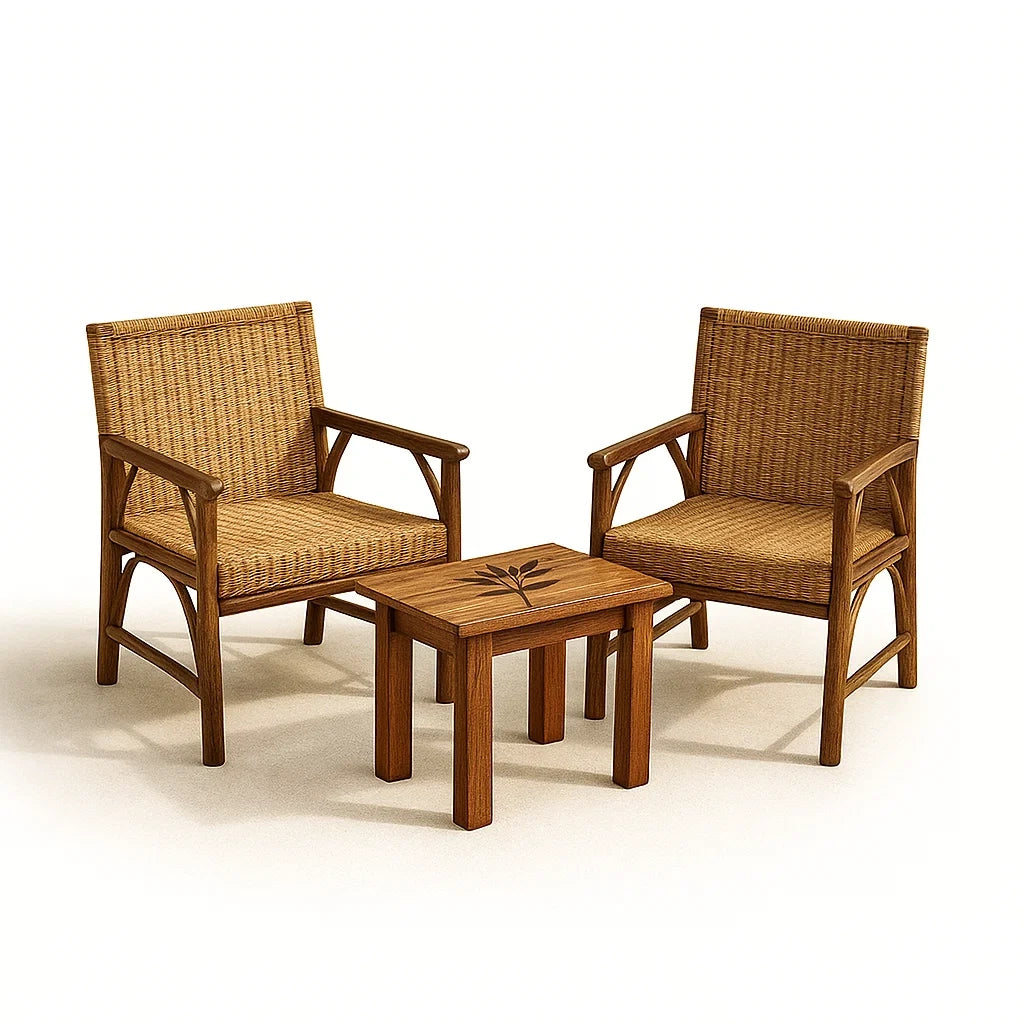 Ensemble bistrot en bois et rotin avec 2 chaises et table