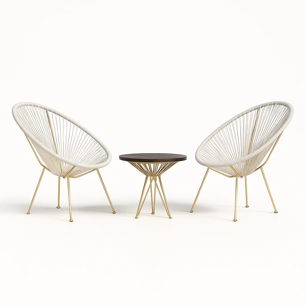 Ensemble bistrot avec deux fauteuils et table en métal blanc doré