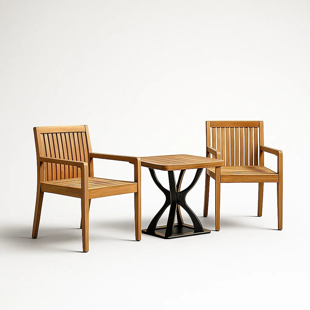 Ensemble bistrot en massif d'acacia avec deux chaises et table à structure en fer