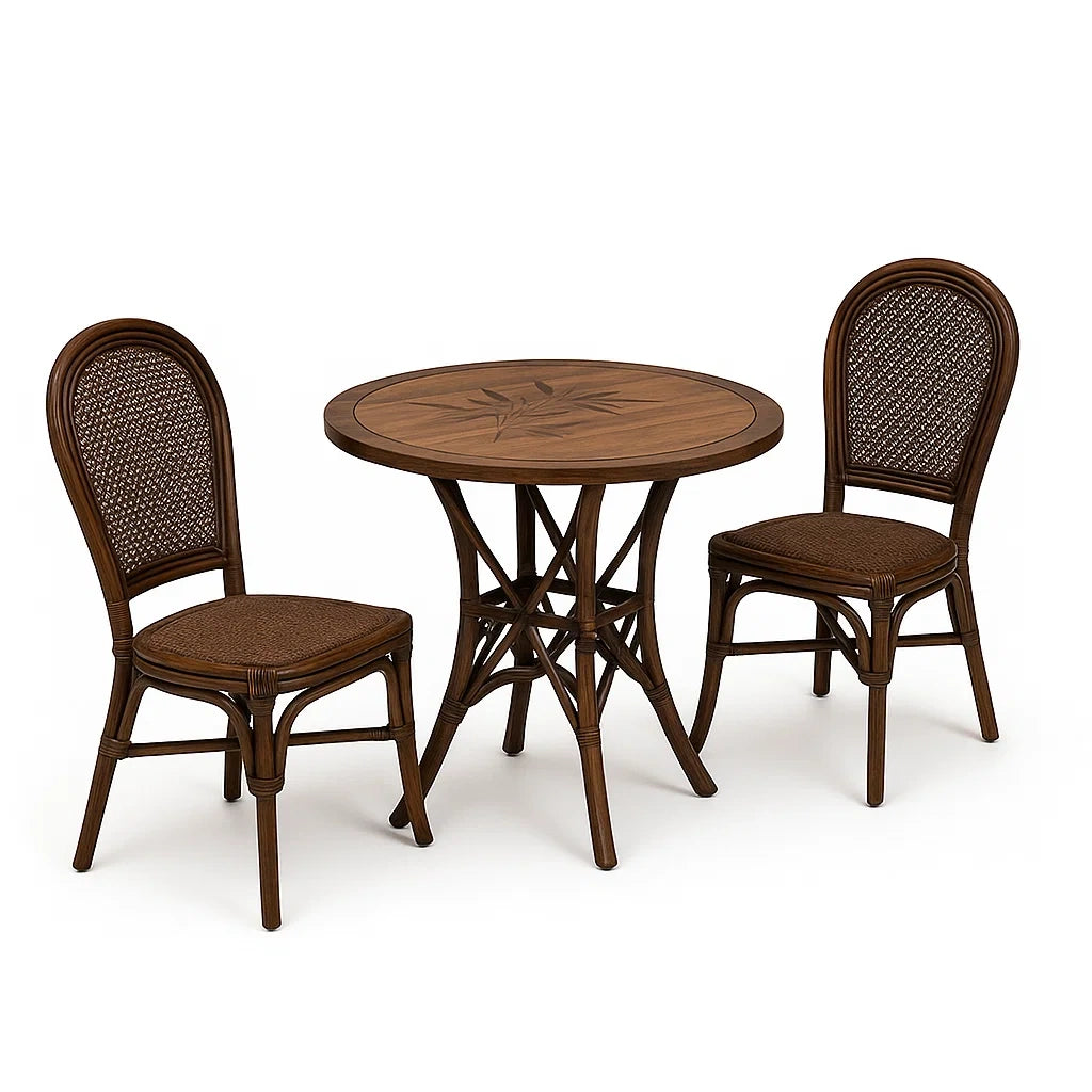 Ensemble bistrot avec table ronde en bois et 2 chaises en osier marron