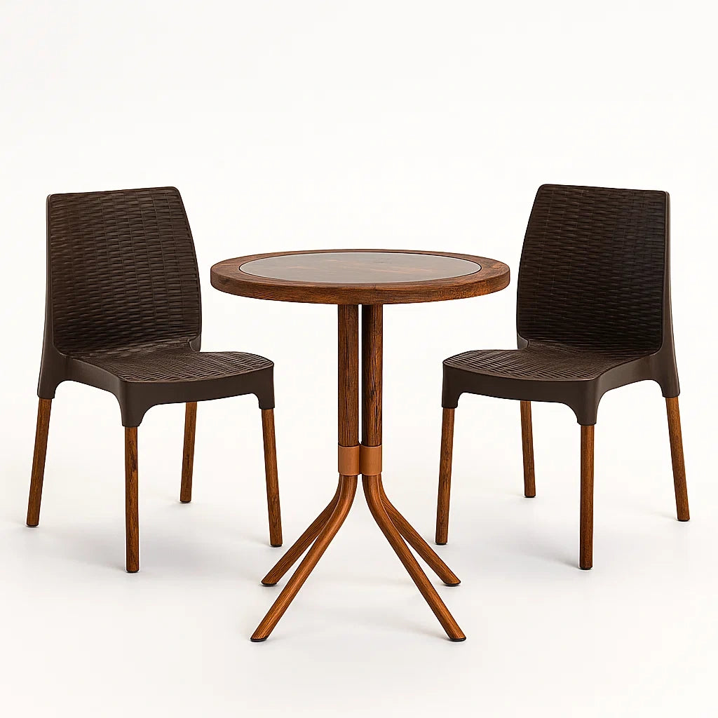 Ensemble bistrot en bois et résine tressée 2 places avec table ronde