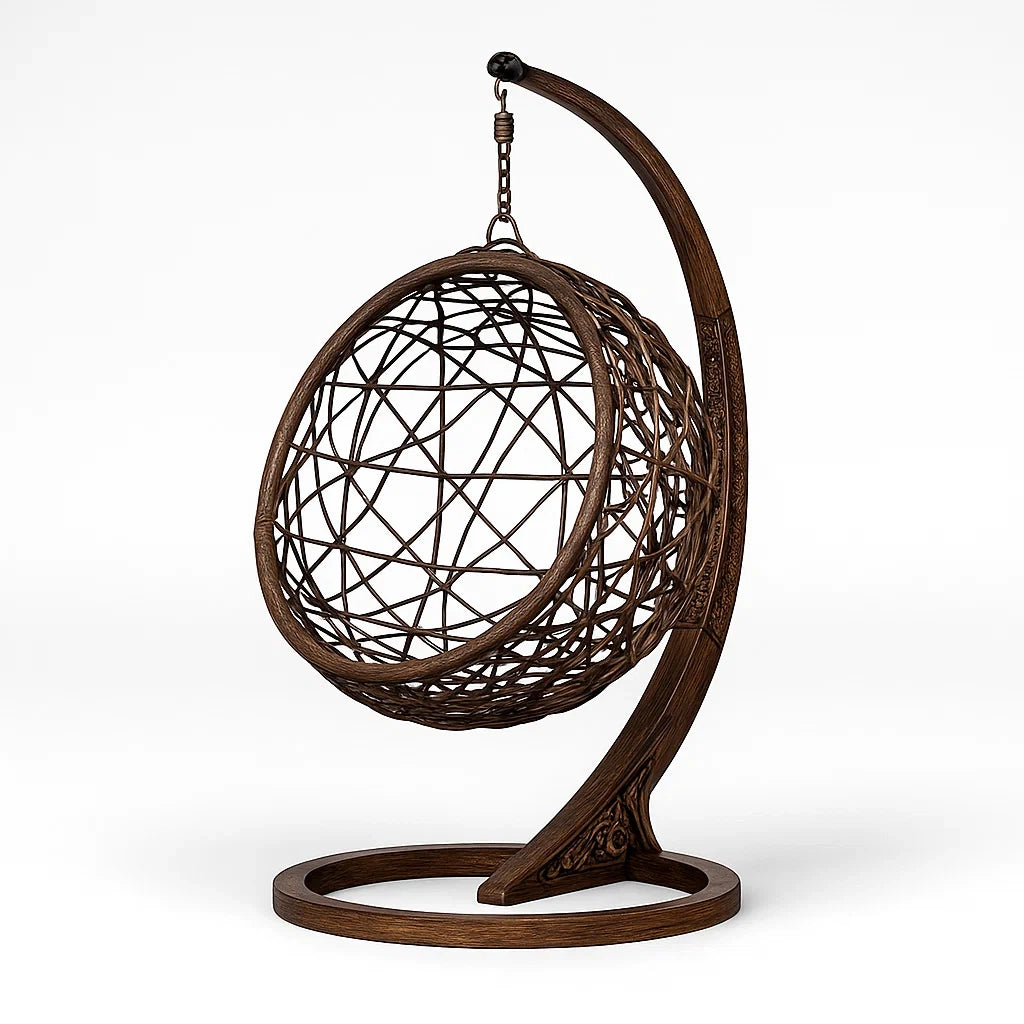 Fauteuil œuf suspendu en rotin avec support en bois brun