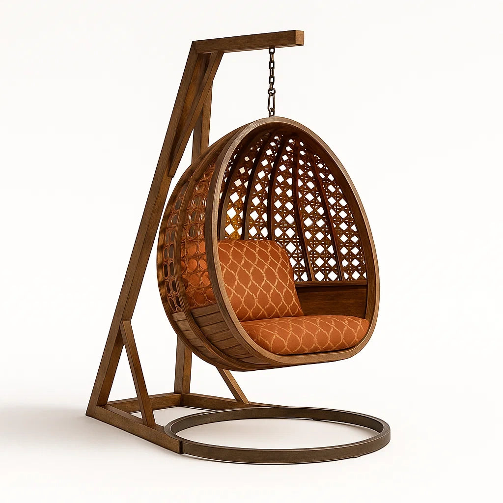 Fauteuil œuf suspendu en rotin synthétique avec coussin orange