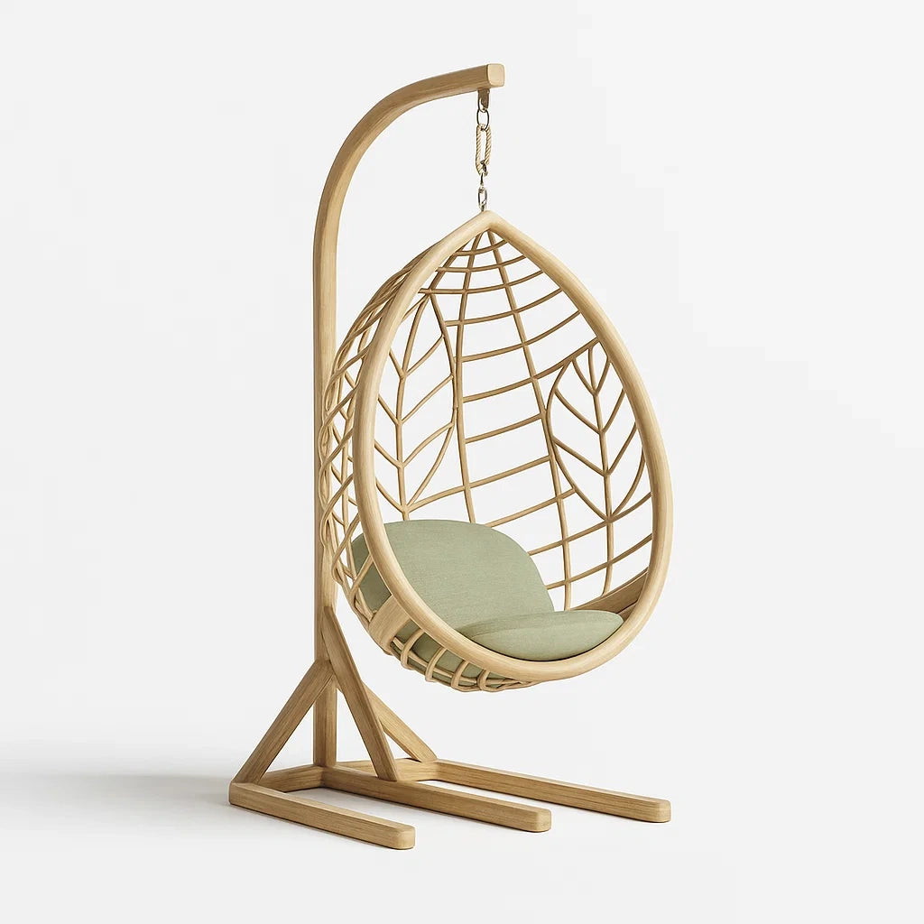 Fauteuil œuf suspendu en rotin avec coussin vert et support en bois