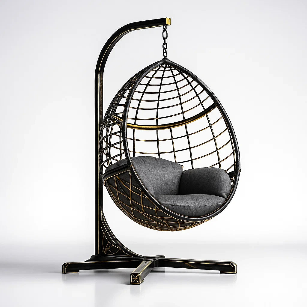 Fauteuil œuf suspendu en métal noir avec coussin gris