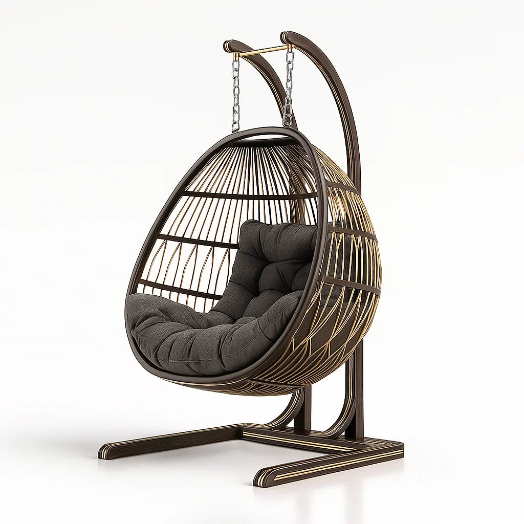 Fauteuil œuf suspendu en rotin et métal avec coussin gris