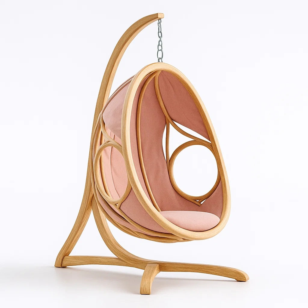 Fauteuil œuf suspendu en bois avec coussin en tissu rose