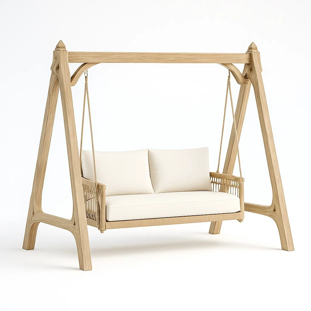 Balançoire d'extérieur en bois massif avec coussins en polyester beige