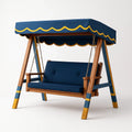 Balançoire d'extérieur en bois avec tissu bleu et jaune