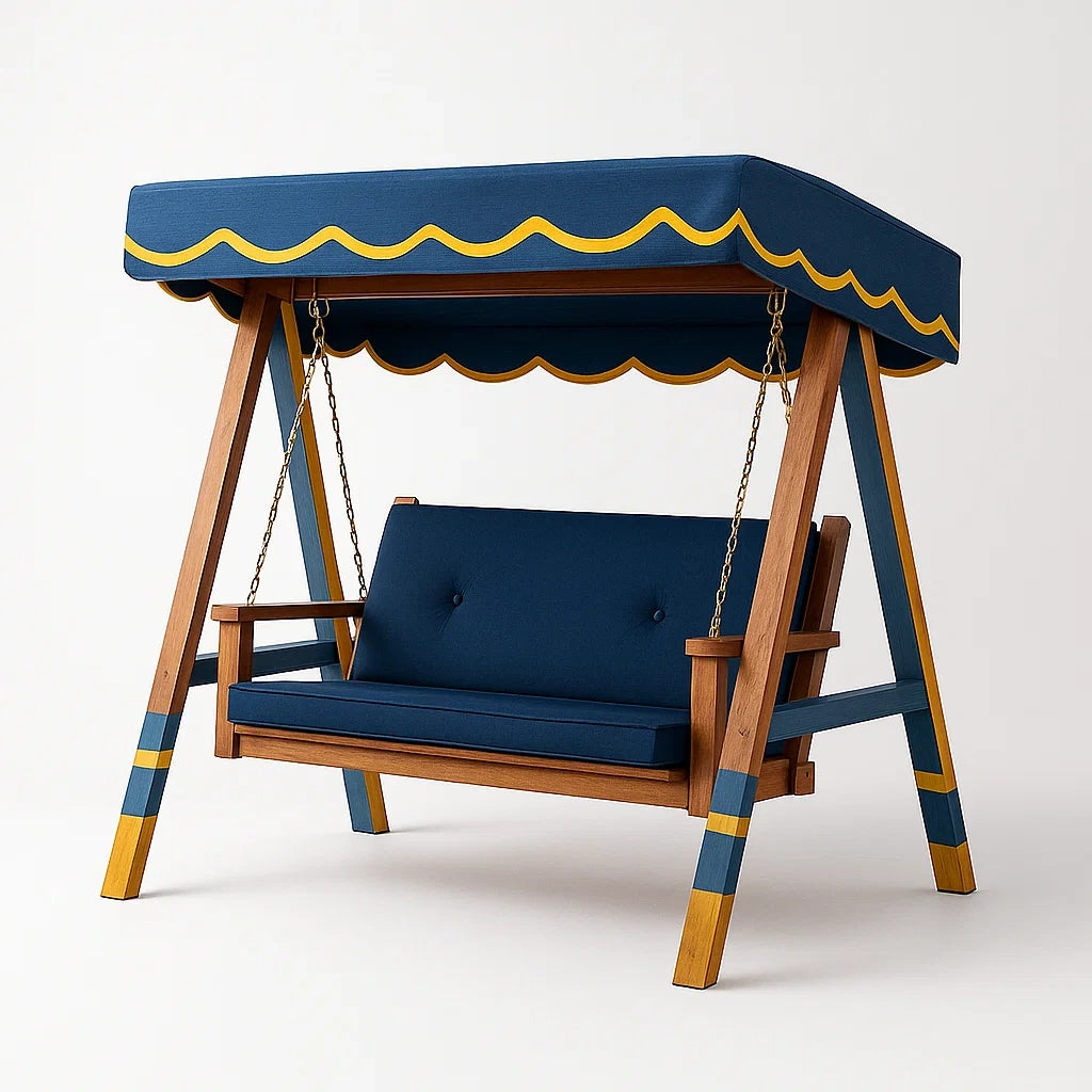 Balançoire d'extérieur en bois avec tissu bleu et jaune