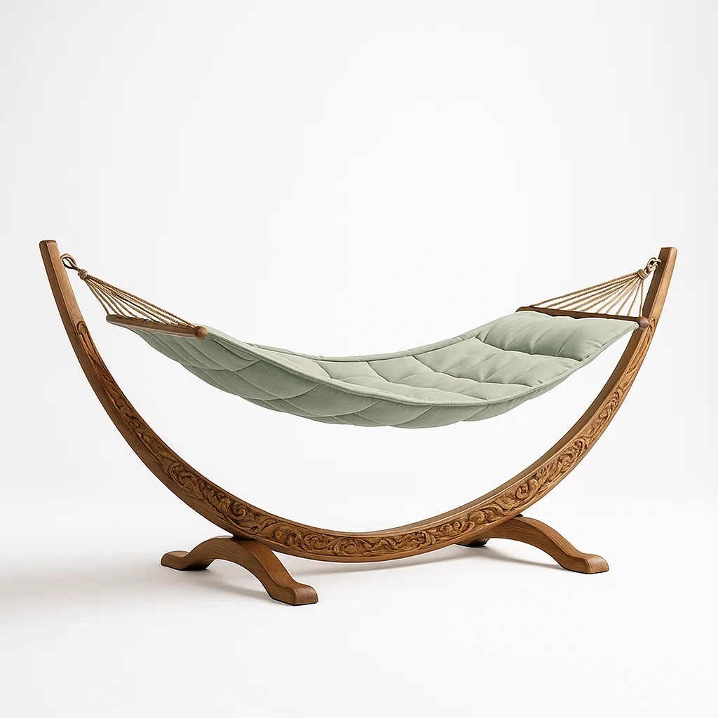 Hamac en bois sculpté avec tissu rembourré vert