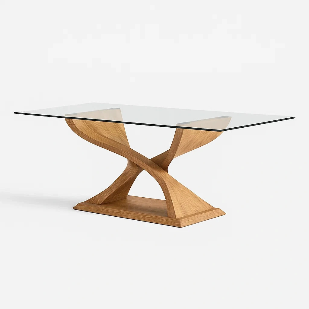 Table à manger rectangulaire en verre et bois de chêne