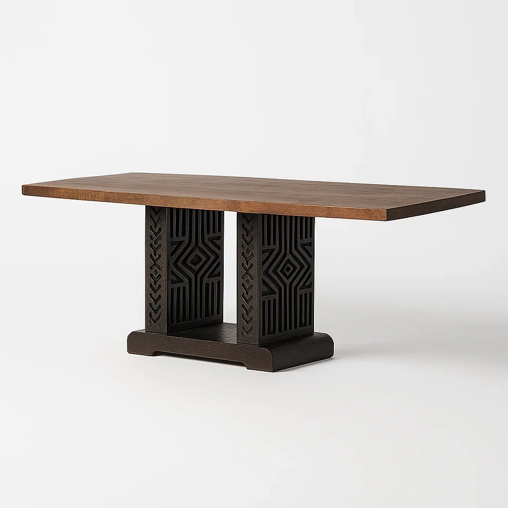 Table à manger rectangulaire en bois massif et métal sculpté