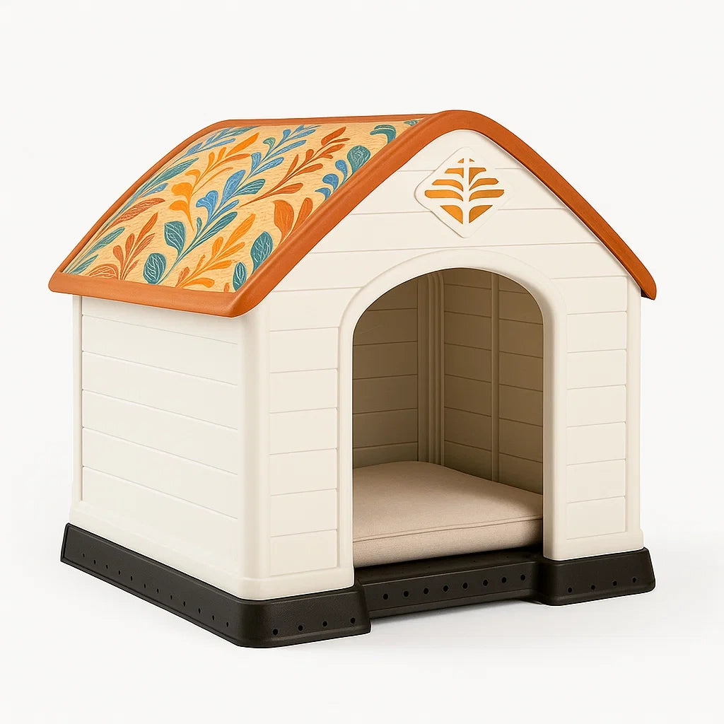 Niche pour chien en plastique avec toit décoré beige orange 60 × 50 × 50 cm