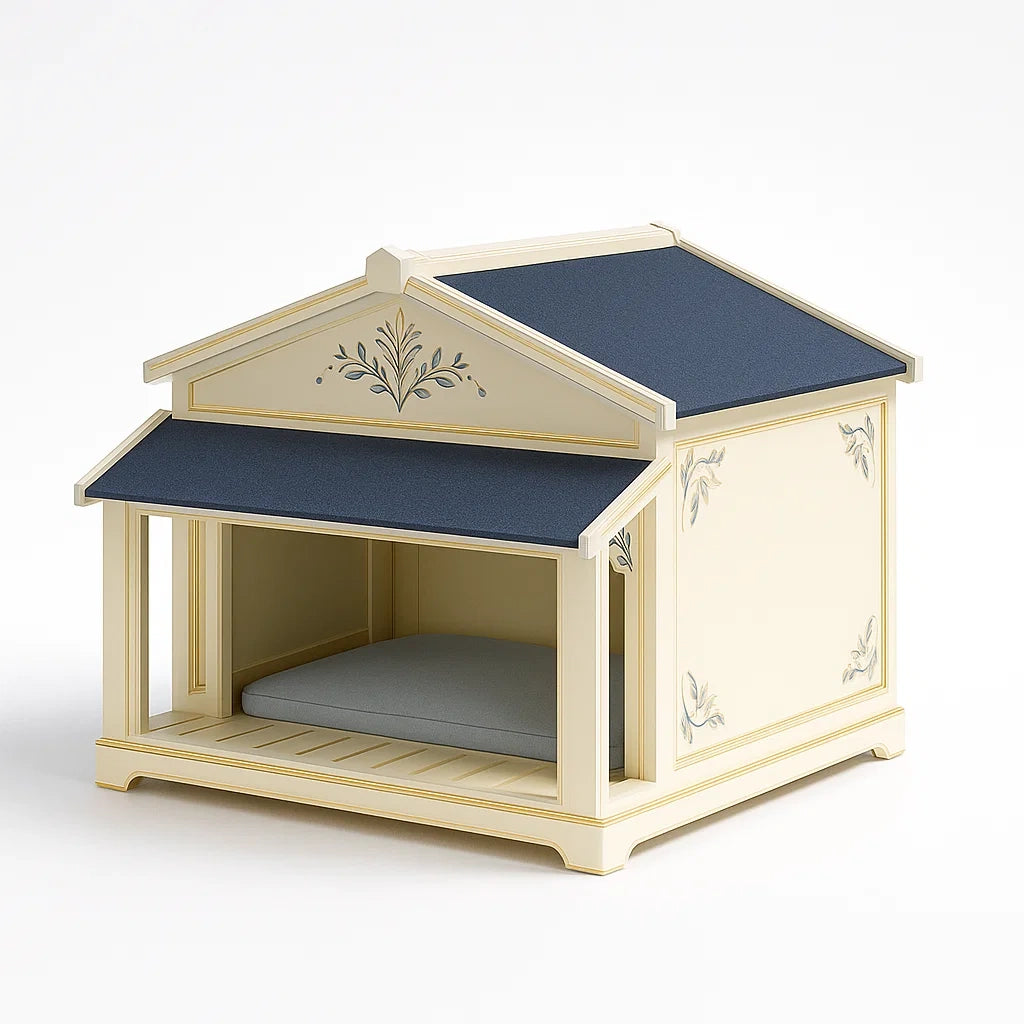 Niche pour chien en bois avec toit en tissu bleu