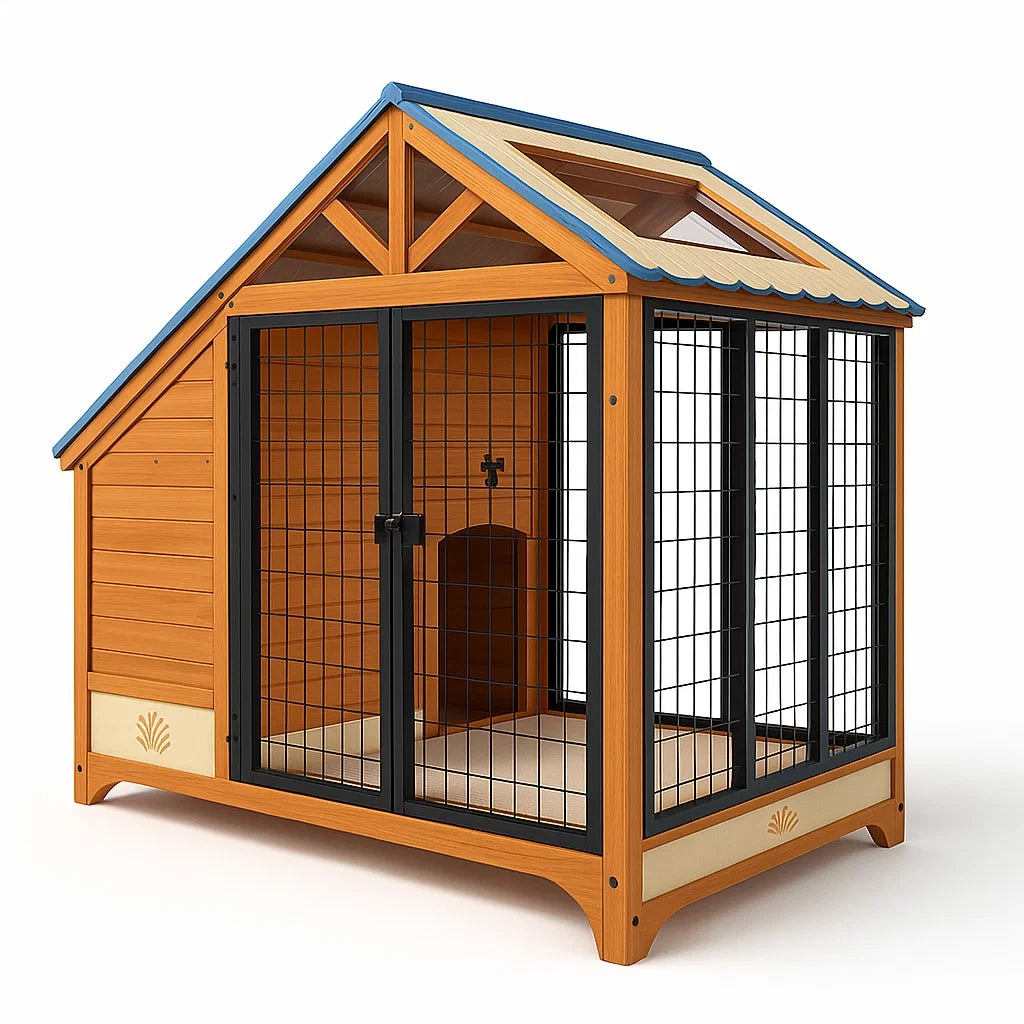 Niche pour chien en bois de pin avec toit bleu et grillage en acier