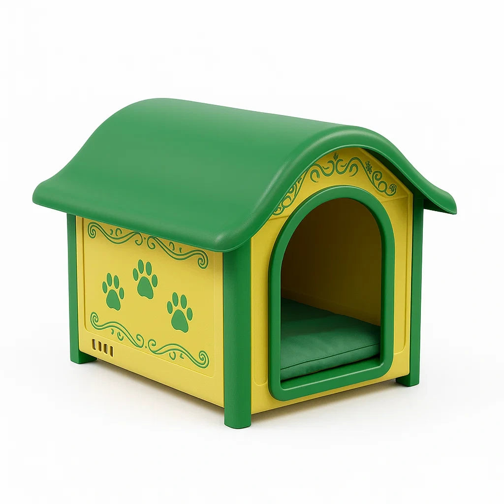 Niche pour chien en plastique vert et jaune avec coussin