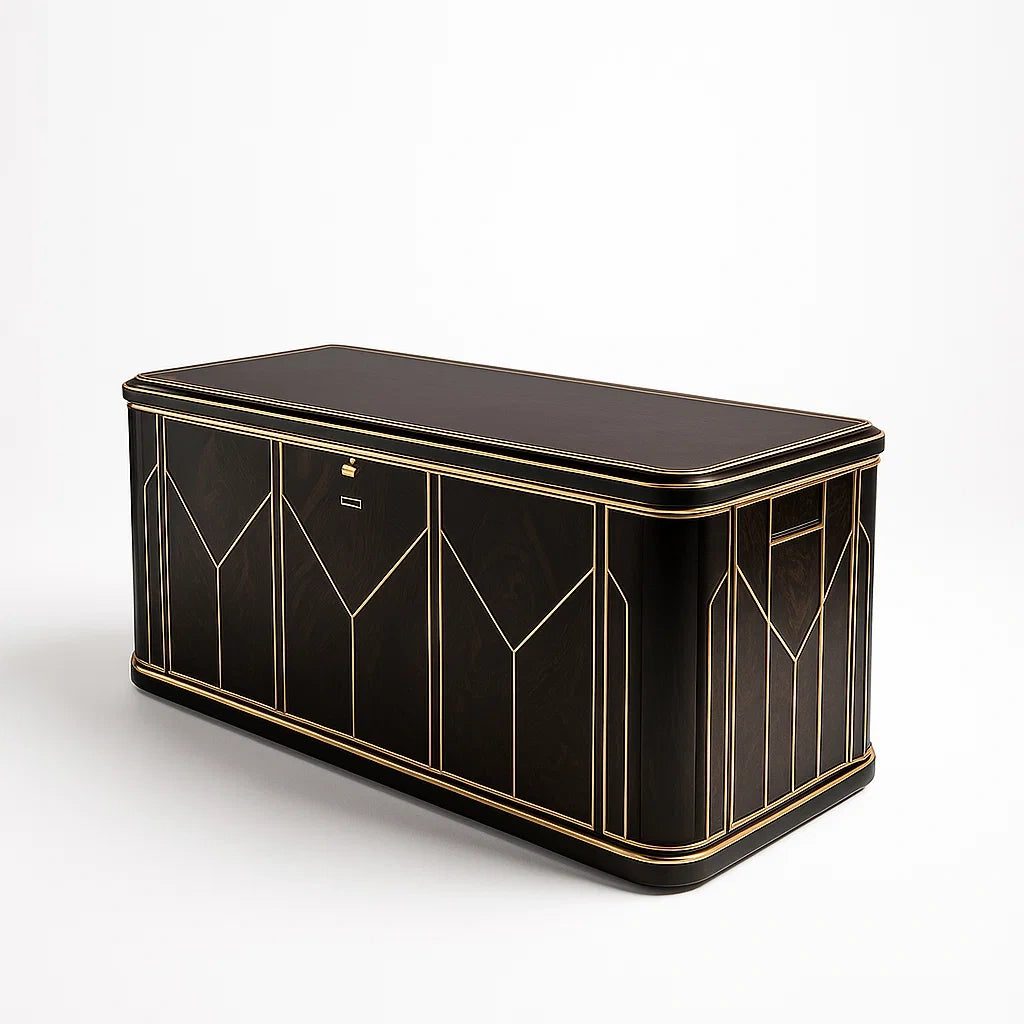 Coffre de rangement en bois avec incrustations dorées