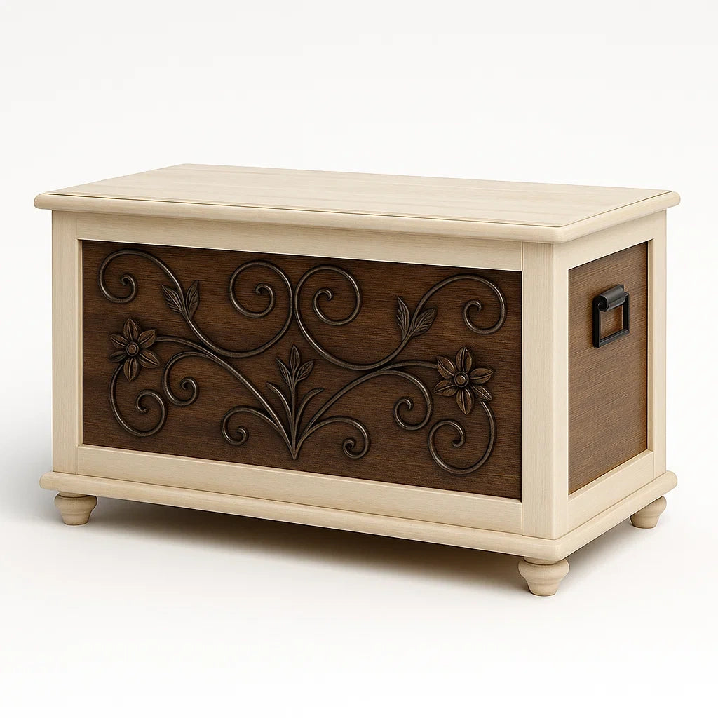 Coffre de rangement en bois sculpté beige marron 90 × 45 × 50 cm