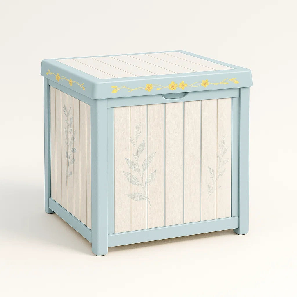 Coffre de rangement en plastique polypropylène bleu et crème avec motifs floraux