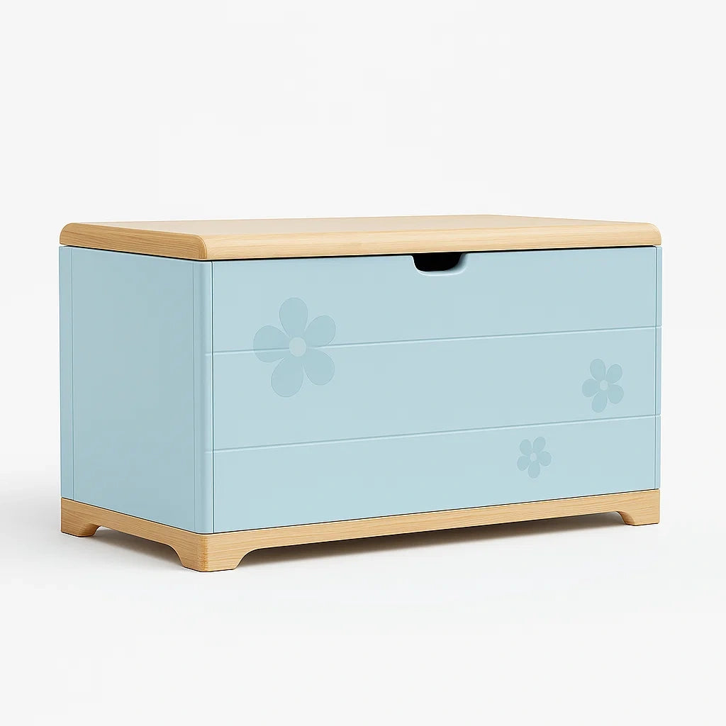 Coffre de rangement enfant en bois MDF bleu avec motifs de fleurs