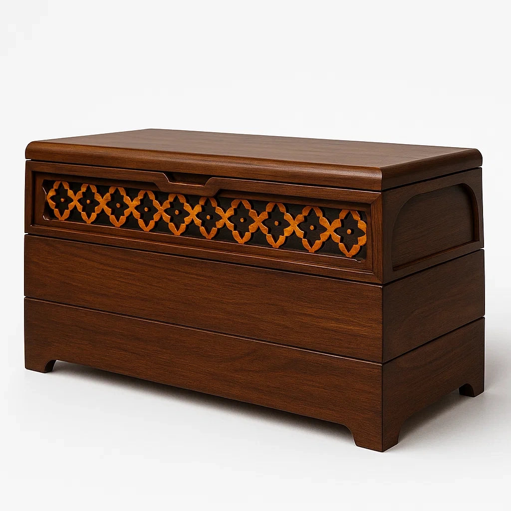 Coffre de rangement en bois d'acajou avec décoration ajourée 90 × 40 × 50 cm
