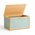 Coffre de rangement en bois et MDF bleu vert pastel avec petits motifs floraux